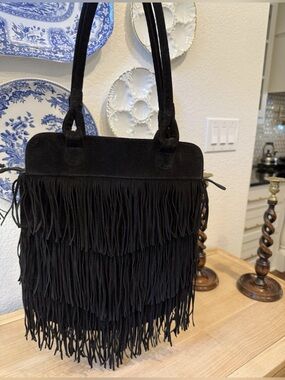 Sabrina Tach Black Suede Fringe Handcrafted Western Boho Cowgirl Bag